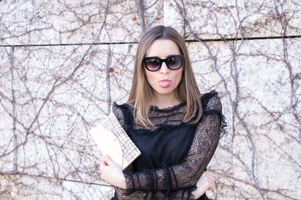 How to be stylish with a black outfit on Valentine's day. The art of being noticed! Featuring the JOE embellished black skirt from Mage, a lace top, a clutch from Lilly + Oak, rings from Mejuri and eyewear from Velvet. More on Houseofcomil.com.