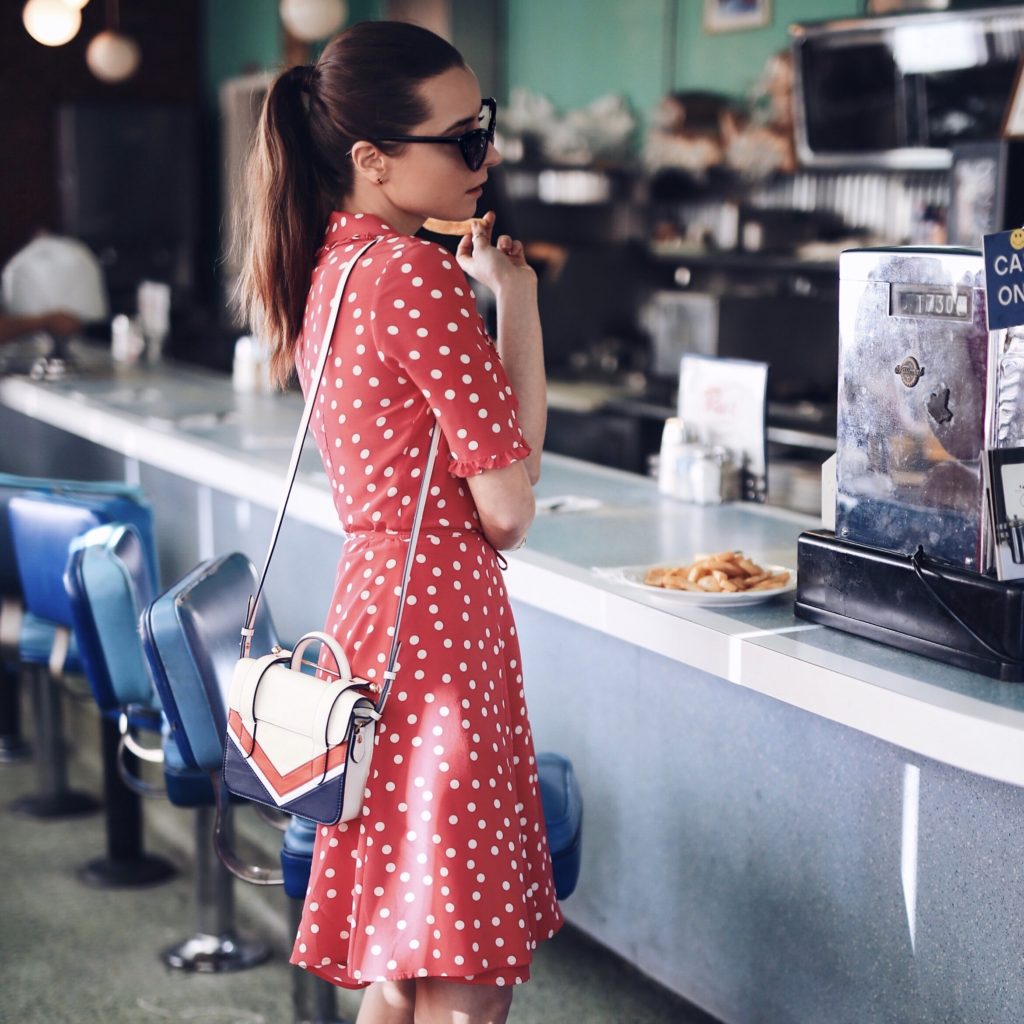 Strathberry Spring Collection Nano Chevron Bag and The Kooples Polka Dots Dress