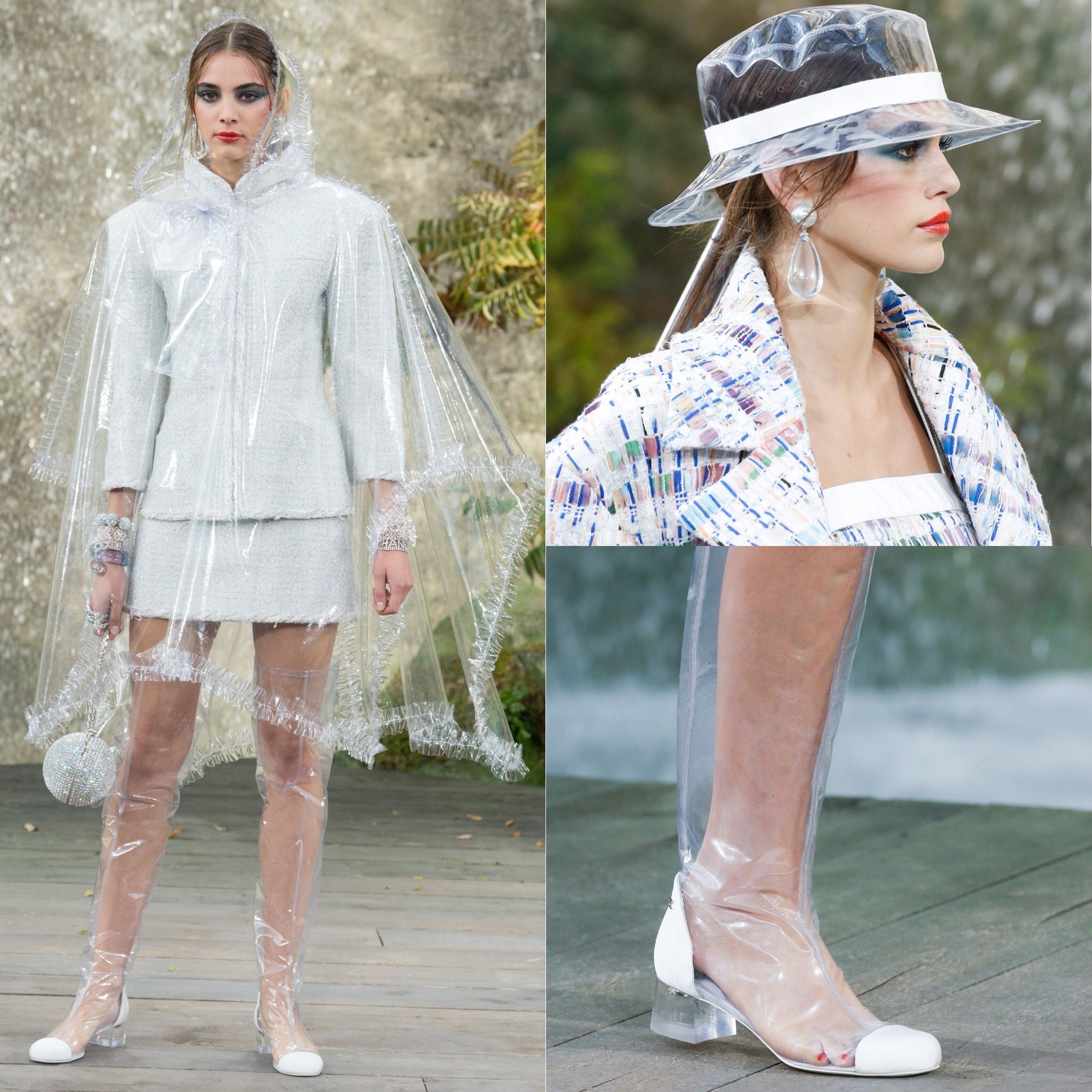 Spring 2018 Trends: Fashion Week coverage - Life in plastic is fantastic: Chanel runway using plastic boots, plastic coat and hat, Mudler plexi heels and Balmain plastic boots. More on Houseofcomil.com