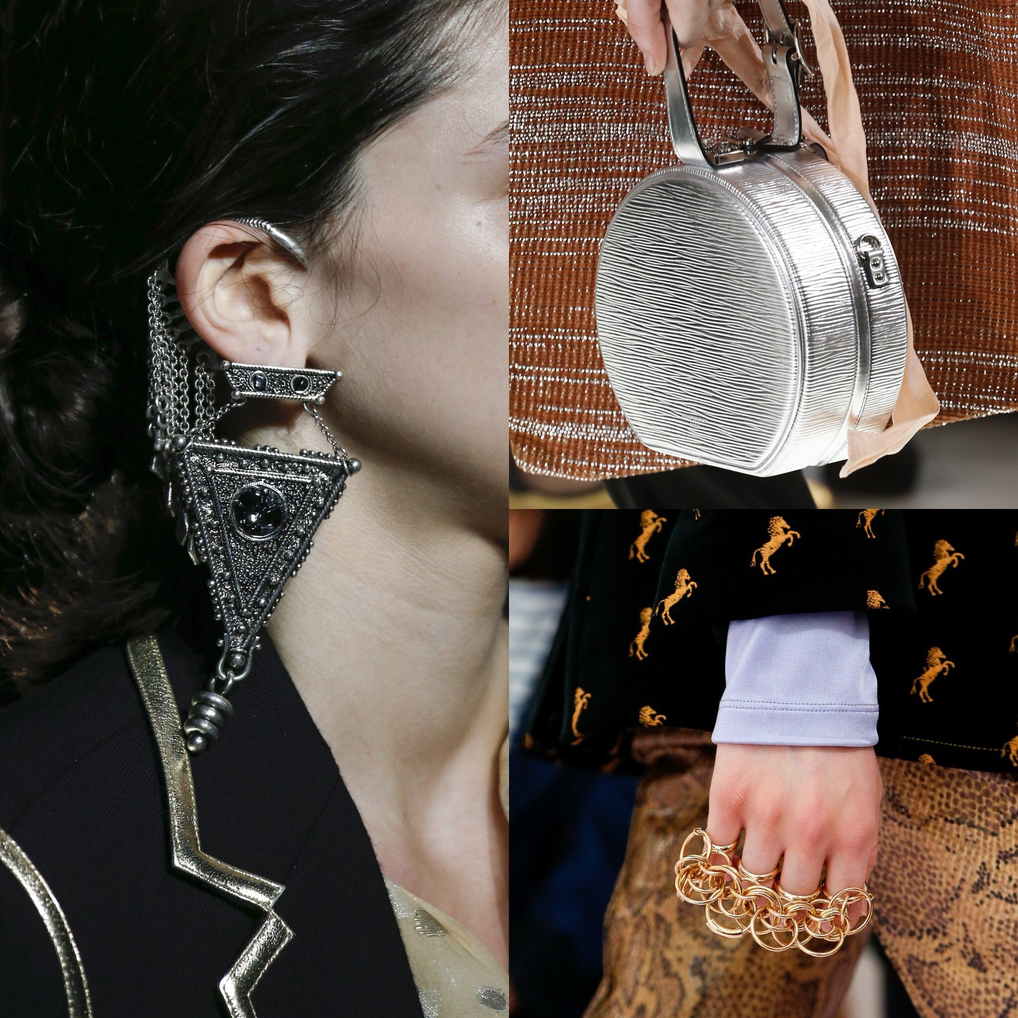 Spring 2018 Trends: Fashion Week coverage - Spring 2018 Accessories: Saint Laurent earrings - Chloe rings - Louis Vitton silver round bag. More spring 2018 fashion week coverage on Houseofcomil.com. Pictures from Vogue