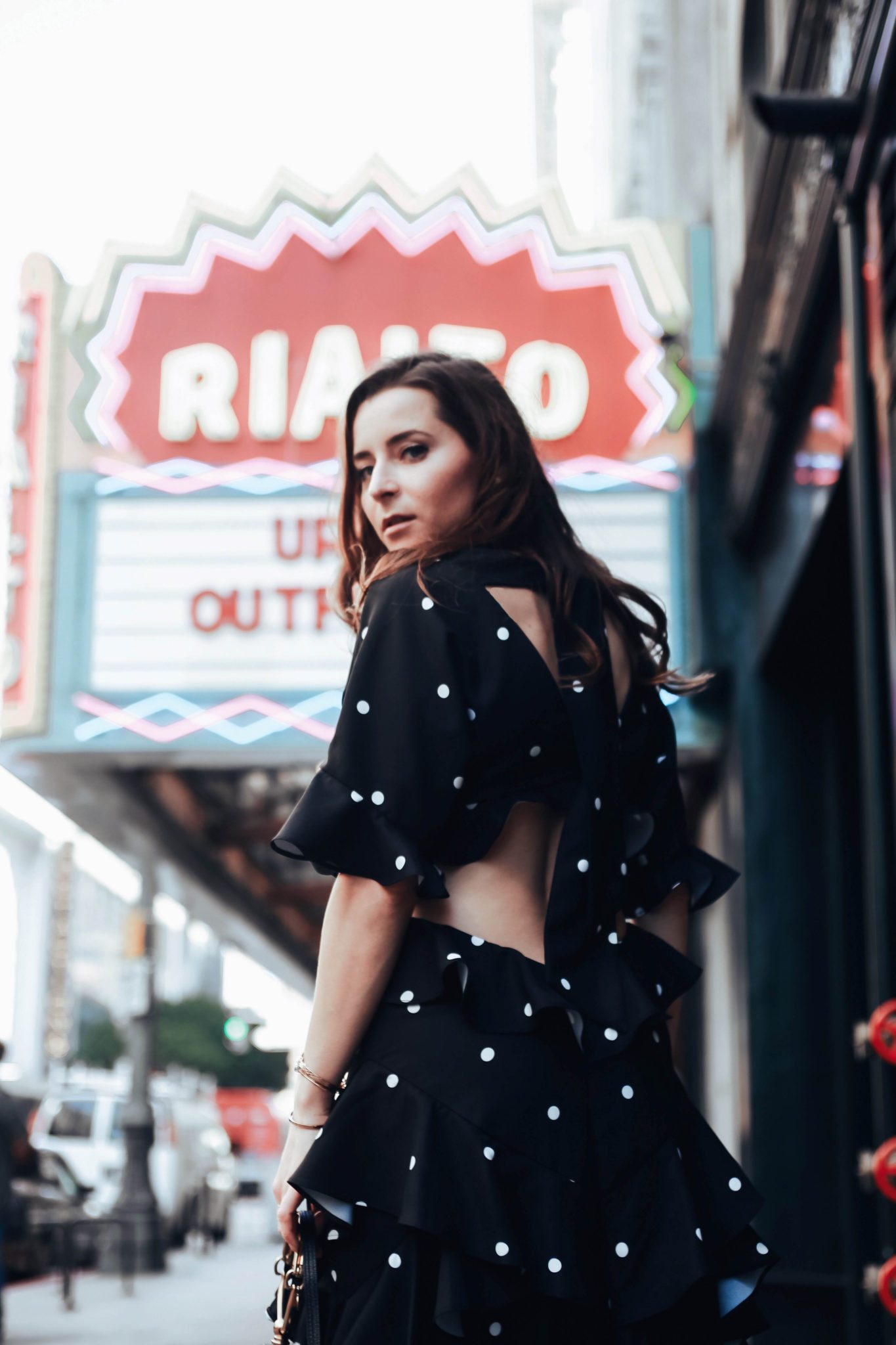 Evening dresses with Fame and Partners, A LA brand specialized in wedding party dresses. Julia Comil, French Fashion blogger in Los Angeles features the black and white polka dots Marisa dress from Fame and Partners - shot in Downtown Los Angeles