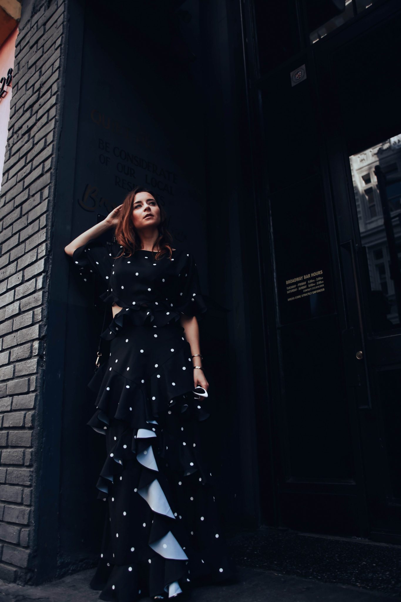 Evening dresses with Fame and Partners, A LA brand specialized in wedding party dresses. Julia Comil, French Fashion blogger in Los Angeles features the black and white polka dots Marisa dress from Fame and Partners - shot in Downtown Los Angeles