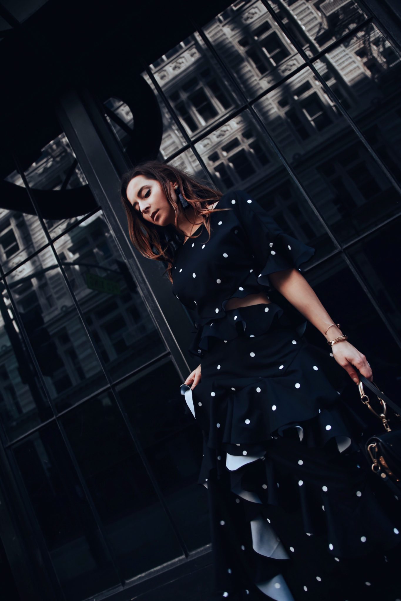 Evening dresses with Fame and Partners, A LA brand specialized in wedding party dresses. Julia Comil, French Fashion blogger in Los Angeles features the black and white polka dots Marisa dress from Fame and Partners - shot in Downtown Los Angeles