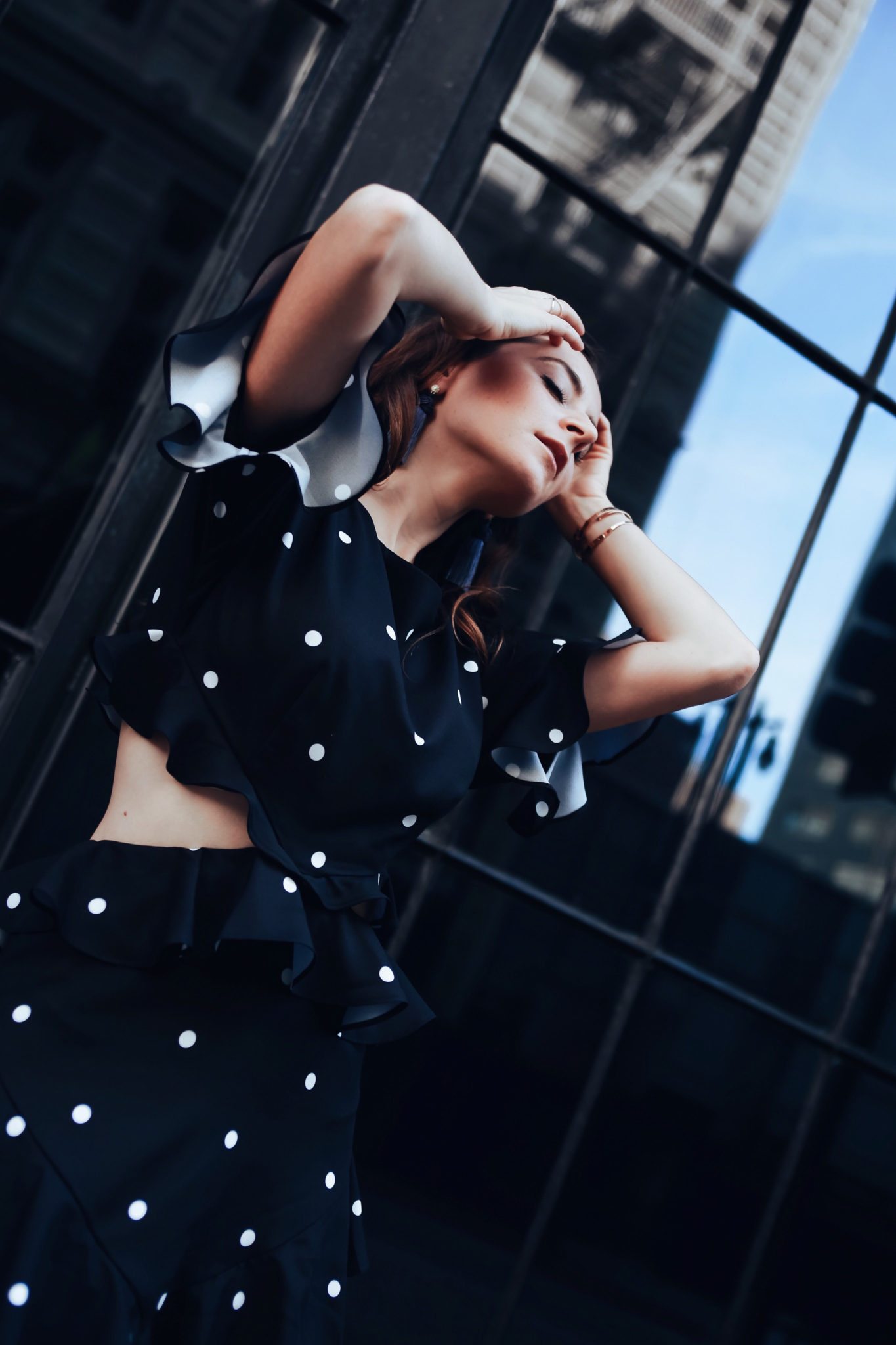 Evening dresses with Fame and Partners, A LA brand specialized in wedding party dresses. Julia Comil, French Fashion blogger in Los Angeles features the black and white polka dots Maritza dress from Fame and Partners - shot in Downtown Los Angeles