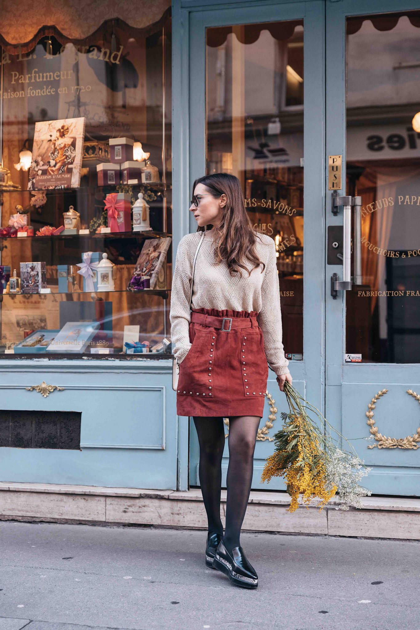 Parisian style by Julia Comil French Fashion Blogger Wearing Seven All Around Platform Loafers - Strathberry Bag - Berenice Skirt and American Vintage Sweater - Save to read more about Seven all around review on Houseofcomil.com