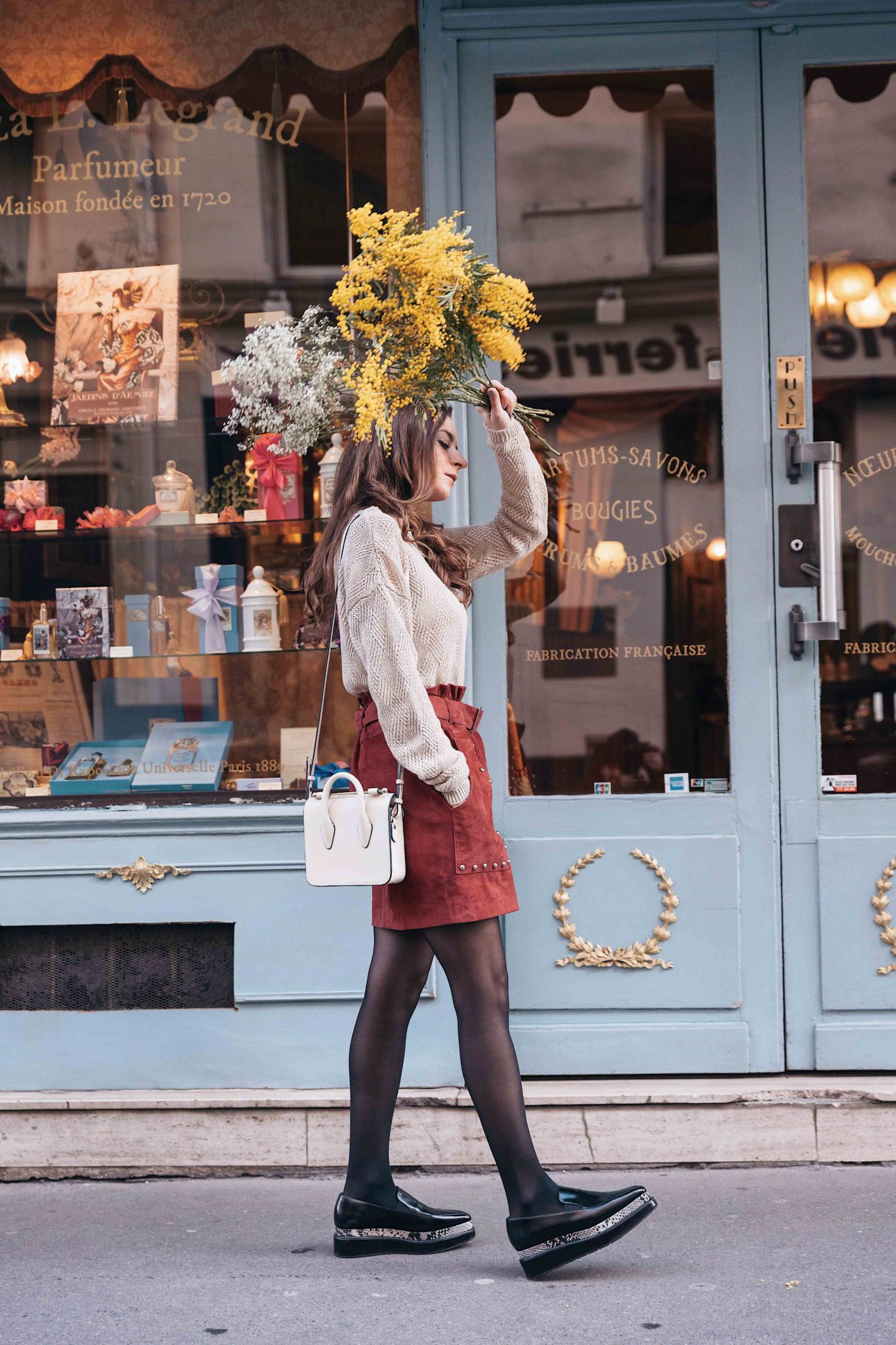 Parisian style by Julia Comil French Fashion Blogger Wearing Seven All Around Platform Loafers - Strathberry Bag - Berenice Skirt and American Vintage Sweater - Save to read more about Seven all around review on Houseofcomil.com