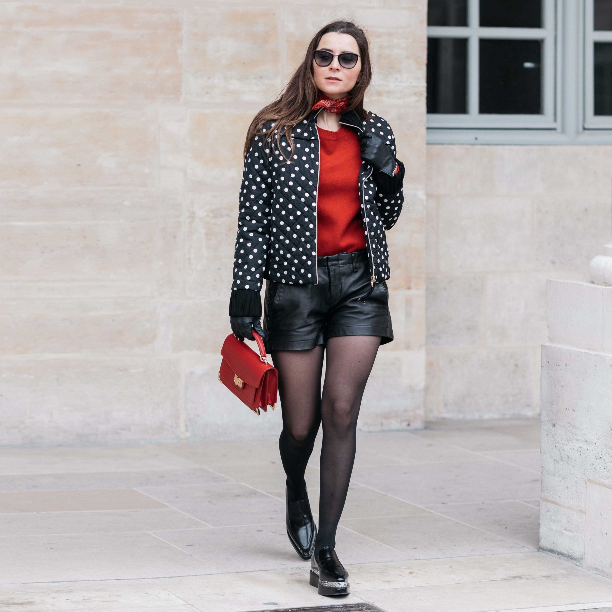 Parisian style by Julia Comil French Fashion Blogger Wearing Seven All Around Platform Loafers - The Kooples Emily Bag - Tara Jarmon Red sweater - Tara Jarmon Polka dots Bomber Jacket - Save to read more about Seven all around review on Houseofcomil.com