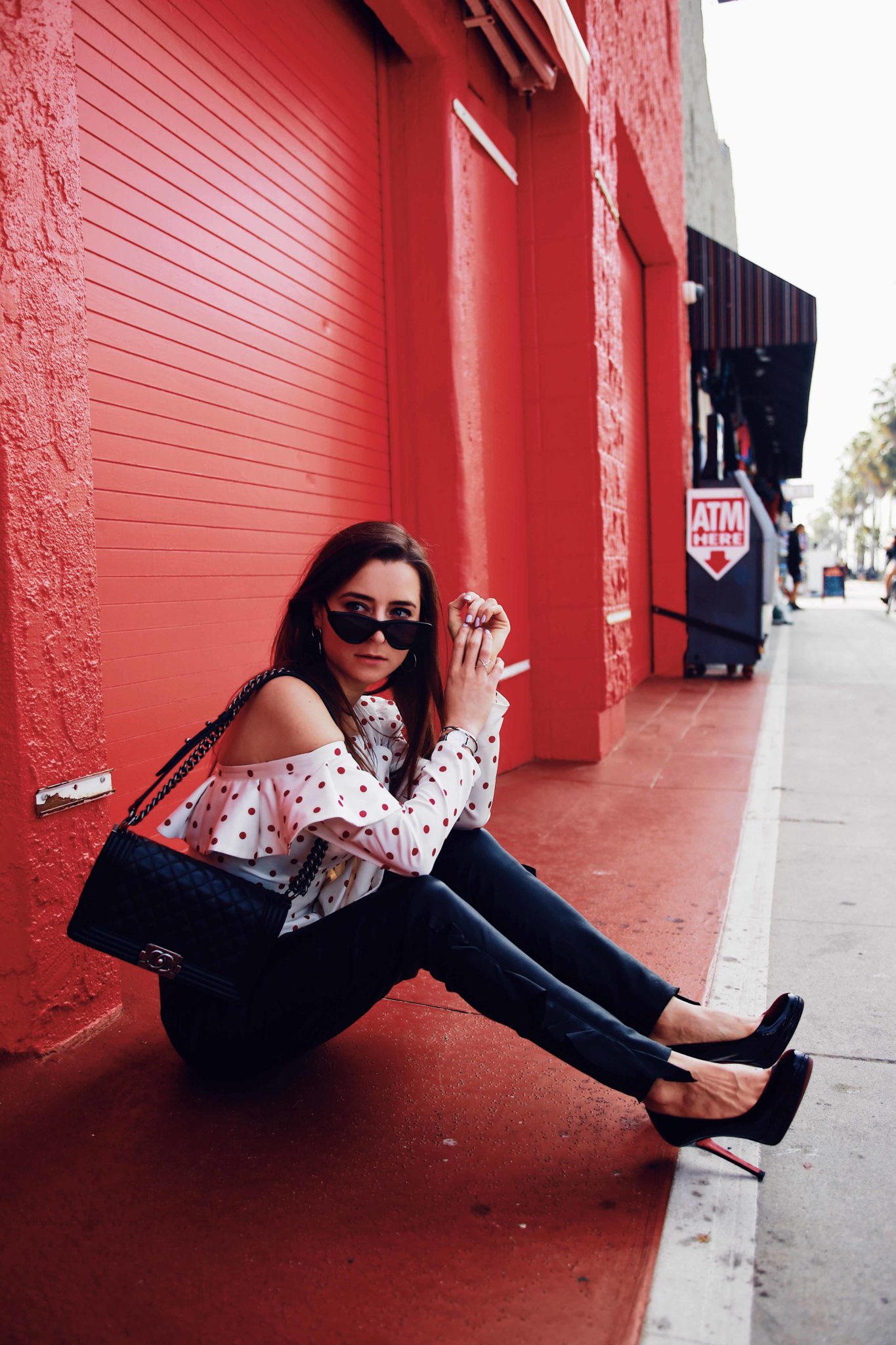 Ruffled skinny leather pants by Iro and structured polka dots blouse by Self Portrait via If Chic - More about this sophisticated and edgy look on Houseofcomil.com. Pictures by Julia Comil French Fashion Blogger in Los Angeles