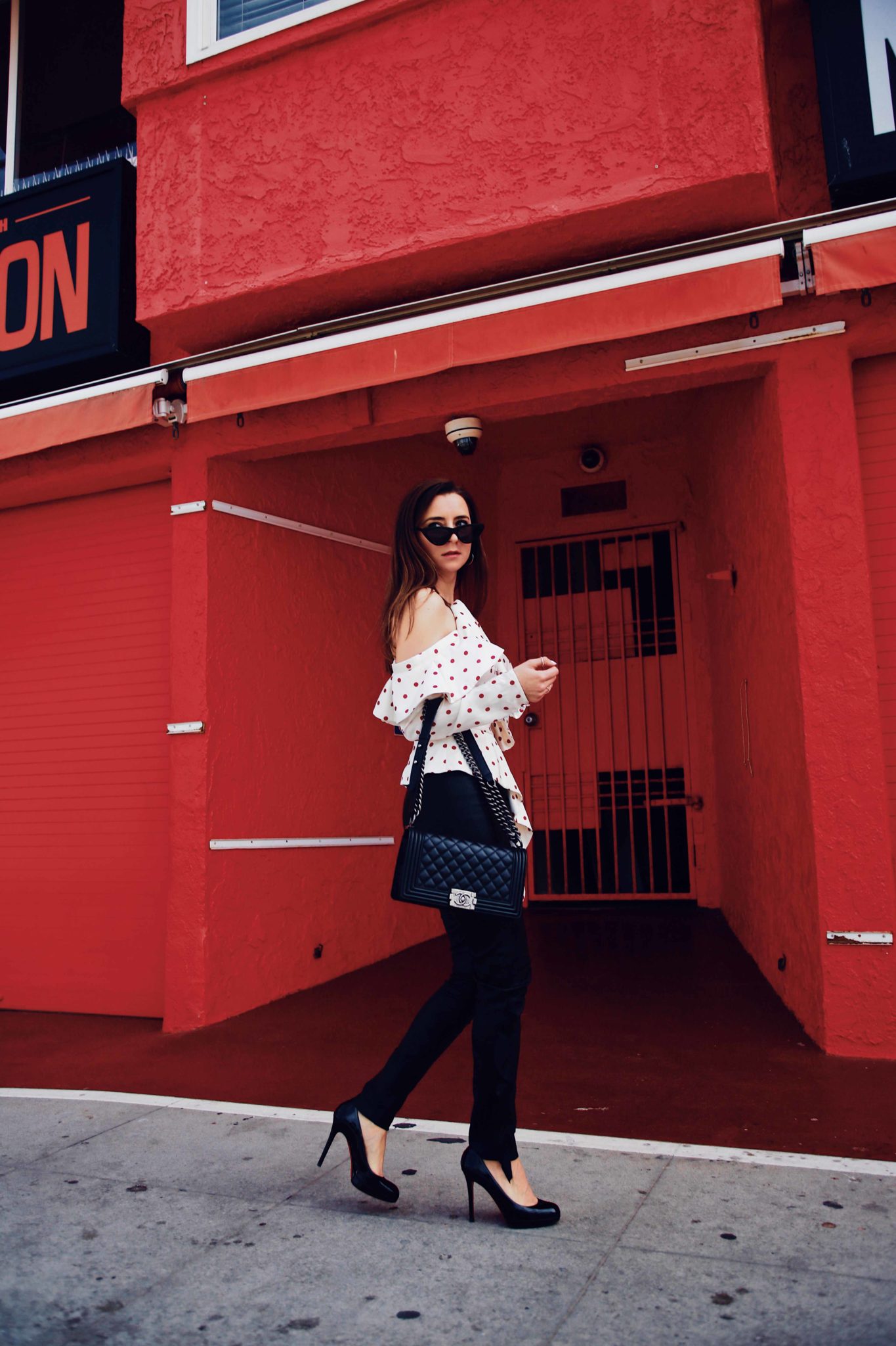 Ruffled skinny leather pants by Iro and structured polka dots blouse by Self Portrait via If Chic - More about this sophisticated and edgy look on Houseofcomil.com. Pictures by Julia Comil Los Angeles Fashion Blogger