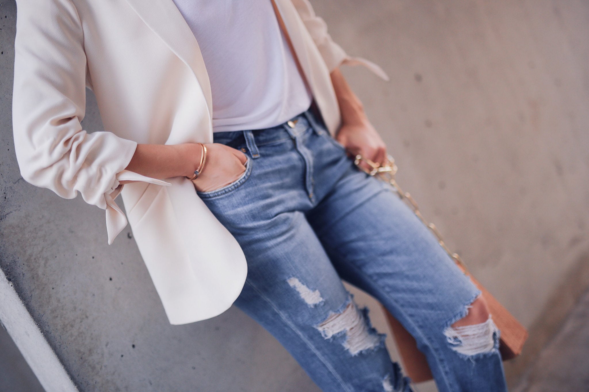Details of the cream rouche sleeve blazer. Selection of affordable summer blazers on Houseofcomil.com