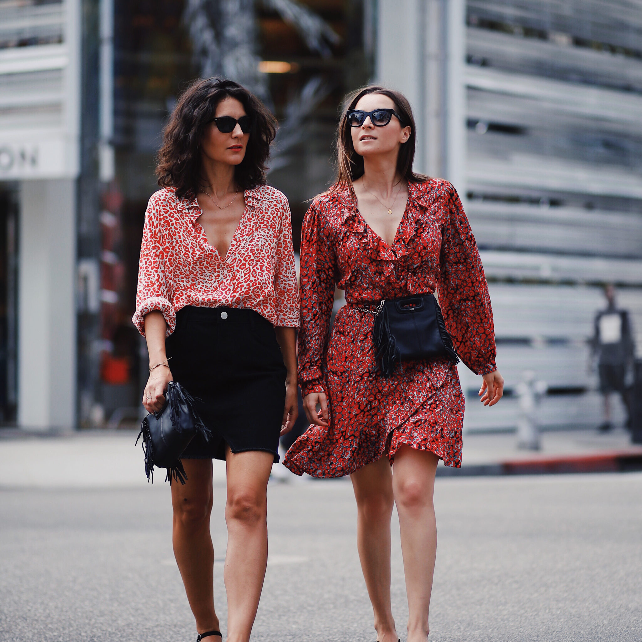French Fashion Bloggers Julia Comil and Laura Albouy wearing the Maje Pre Fall Collection 2018 for the Maje Shopping Party in Beverly Drive - Trend: Leopard Print Dress Maje Mini M Bag Belt Bag - Parisian Style - French Fashion Blogger Los Angeles - Lookbook - Maje Beverly Drive