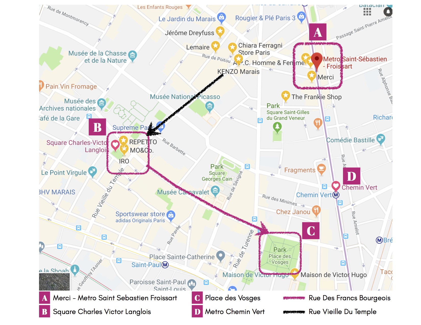 Le Marais Paris shopping. Le Marais shopping map.