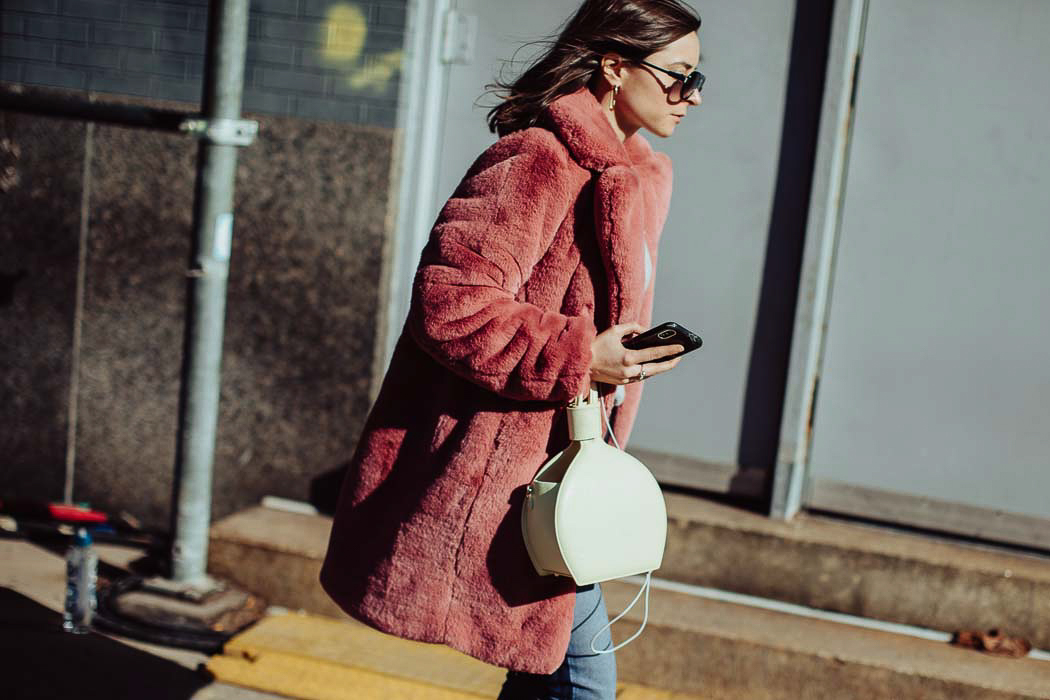 NYFW fall 2019 julia comil outfit morgenthal frederics x rosie assoulin sunglasses astrop pop / marie de la roche canary handbag / faux fur coat