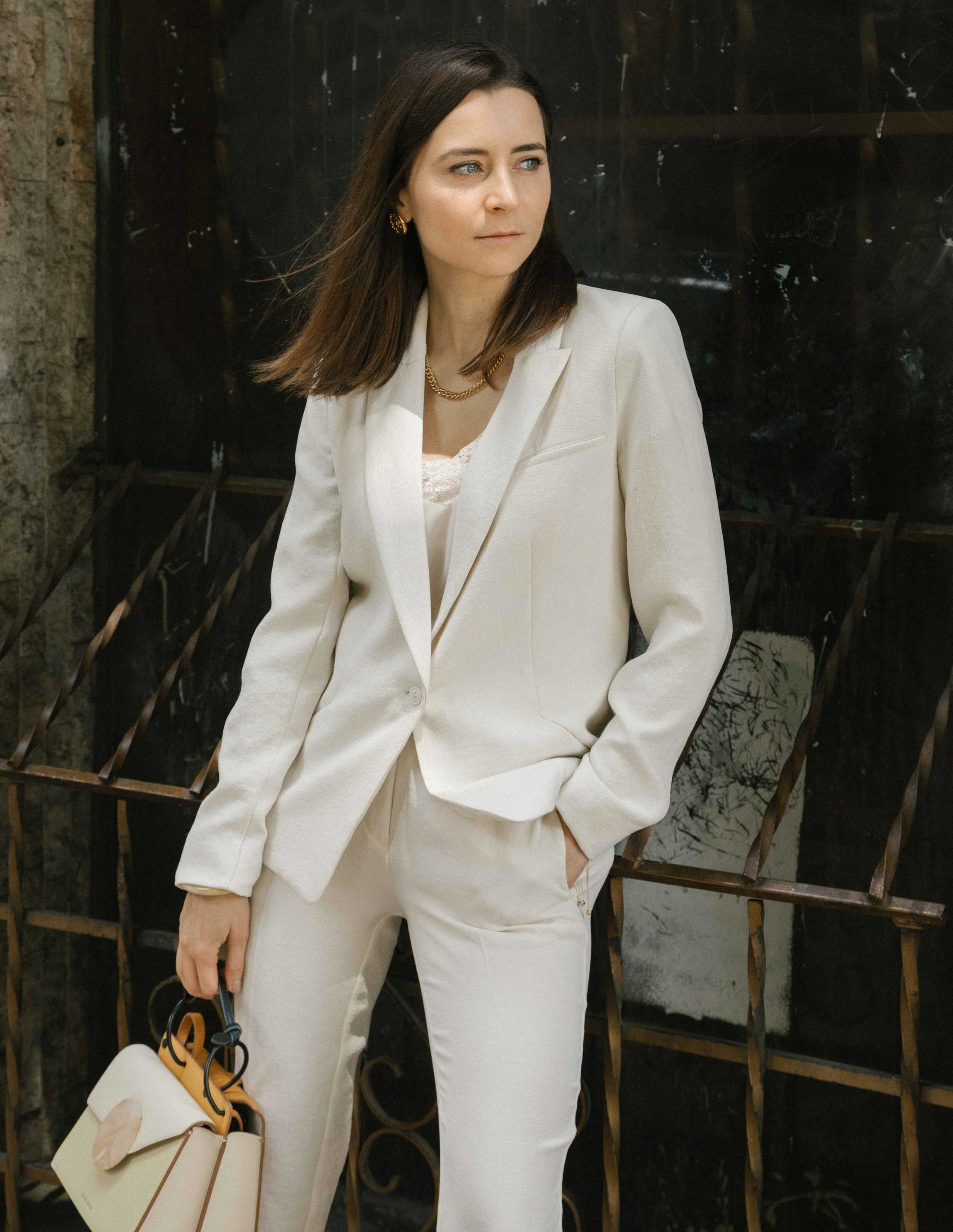 How to wear the white suit for women. White party outfit ideas and summer outfit ideas are on Modersvp.com. White suit from Ba&Sh Paris worn by Julia Comil Bracelet Lizzie Fortunato