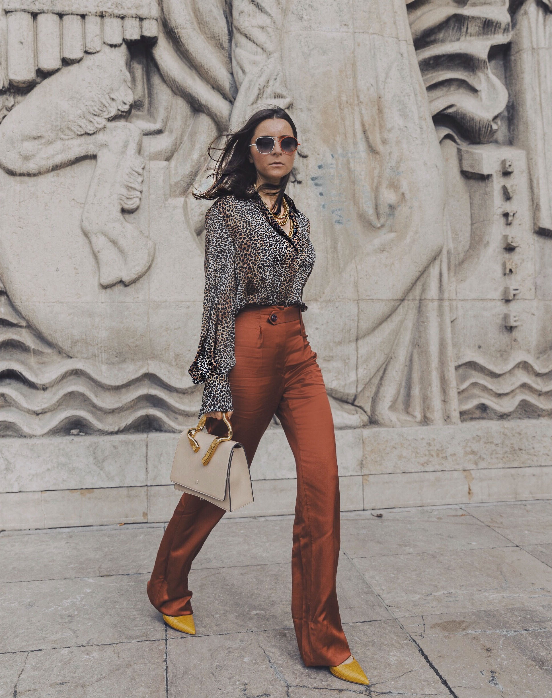PFW SS20 Street Style Fall 2019 Paris Fashion Week Julia Comil wearing bag L Etrange Paris, blouse Equipment, sunglasses Morgenthalf Frederics x Monse