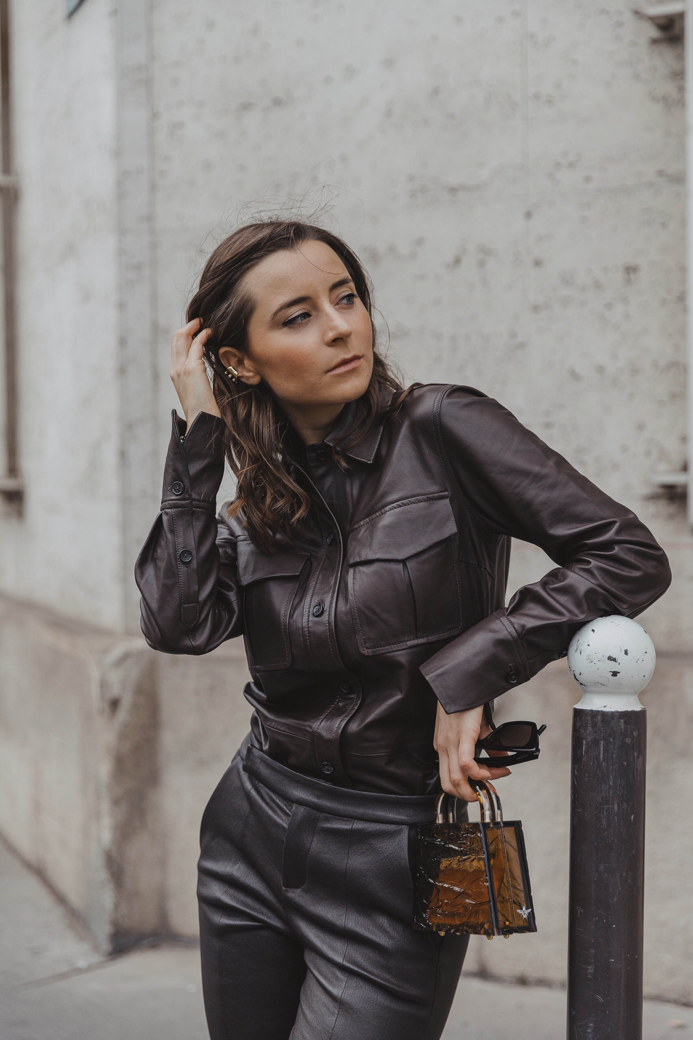 PFW SS20 Street Style Fall 2019 Paris Fashion Week Julia Comil wearing Equipment pants and shirt, bag Lilianafshar