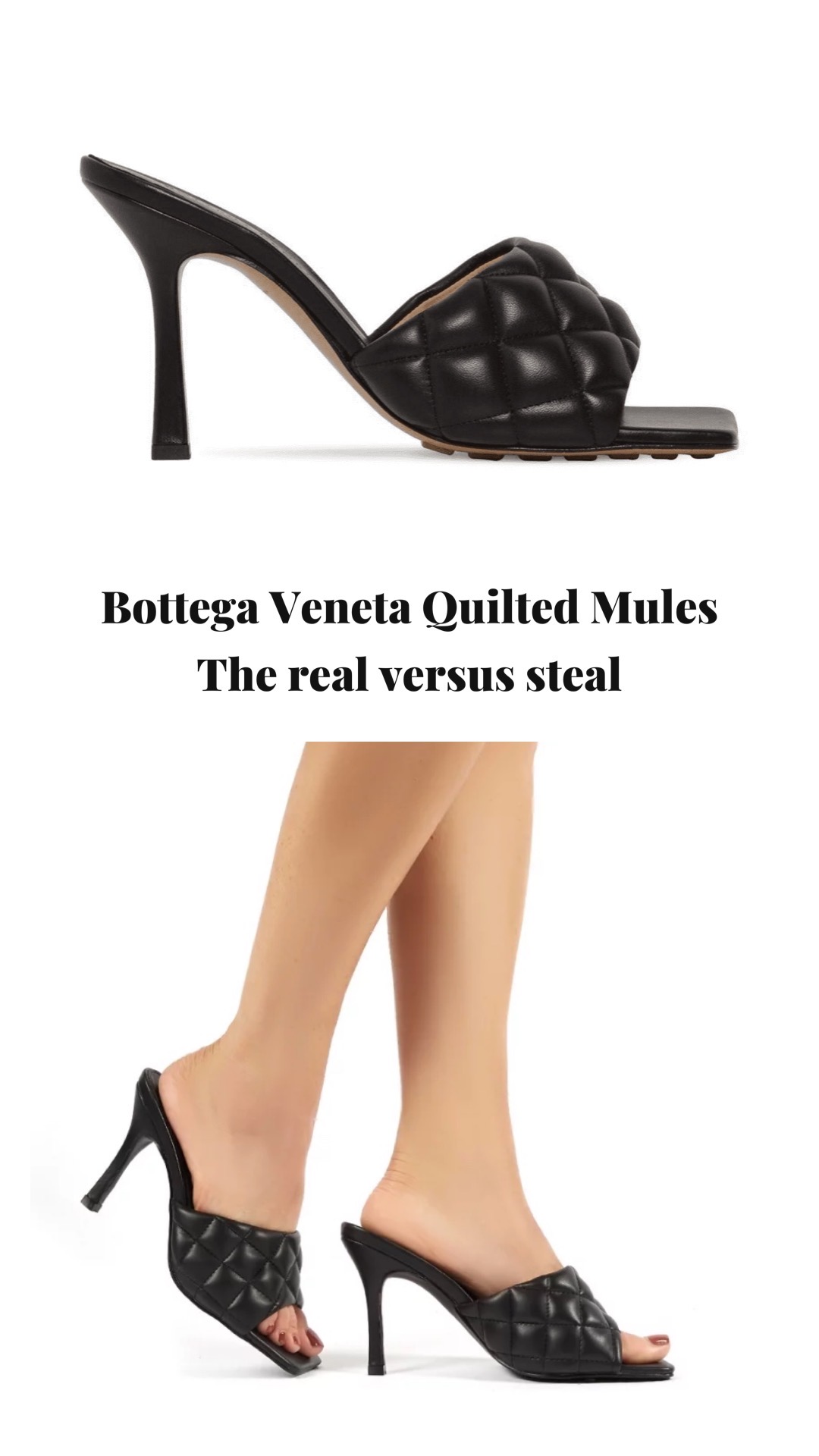 Bottega Veneta quilted mules: real versus steal. Selection of Bottega Veneta high heeled mules and Bottega Veneta dupes