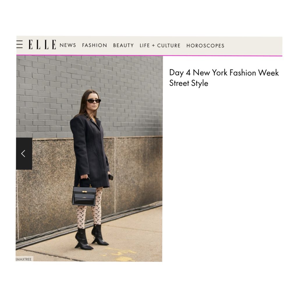 New York Fashion Week Street Style Elle UK french fashion influencer Julia Comil wearing bevza coat, marine serre tights, marc jacobs bag, chanel sunglasses shot by the style stalker press