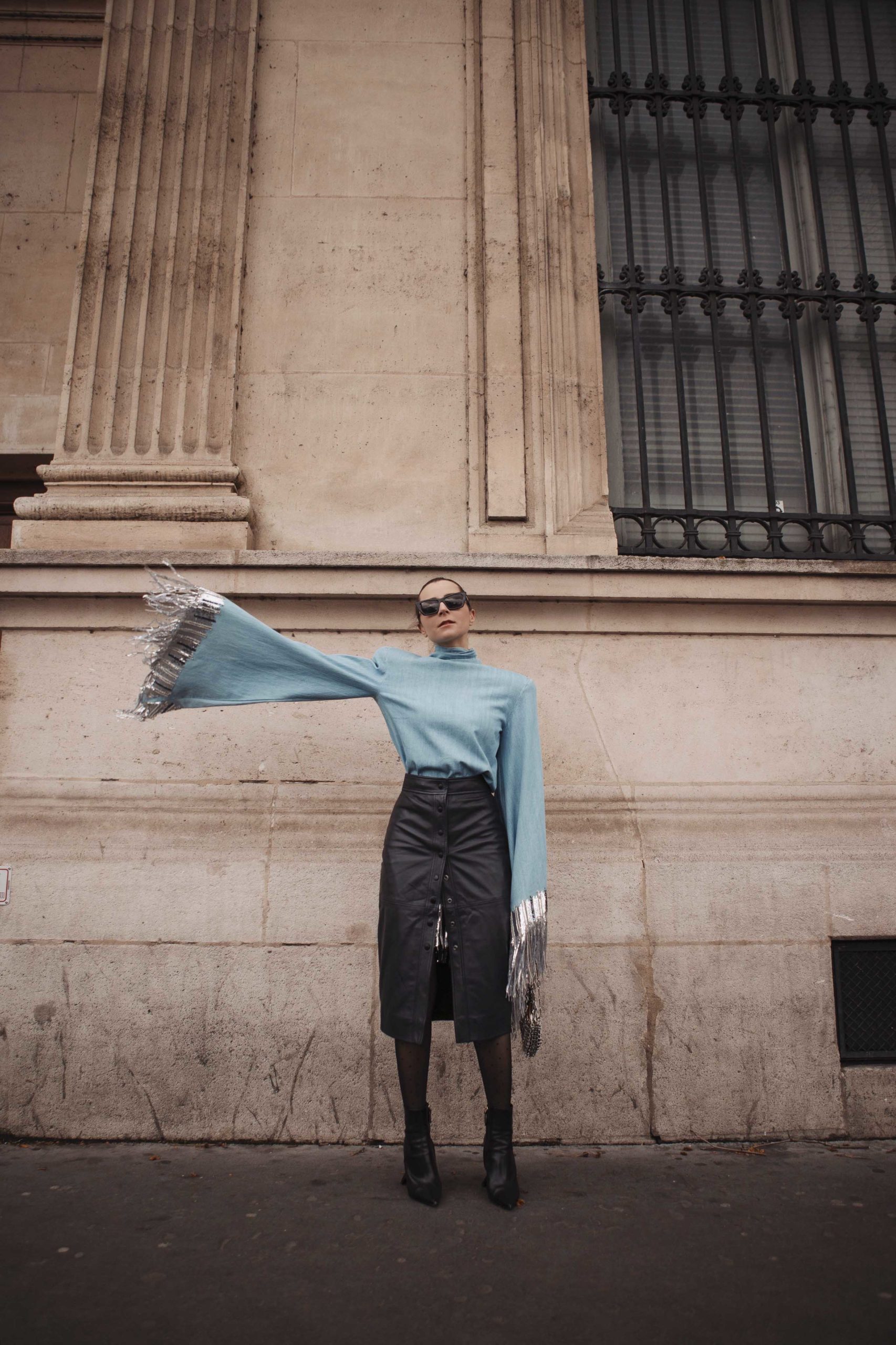 balmain dress paco rabanne bag paris fashion week street style 2020 AW march 2020 julia comil