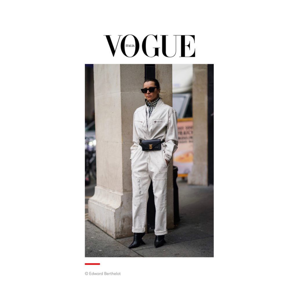 Julia Comil Vogue Italia Belt Bag Burberry Jumpsuit Stella McCartney during Paris Fashion Week shot by Edward Berthelot