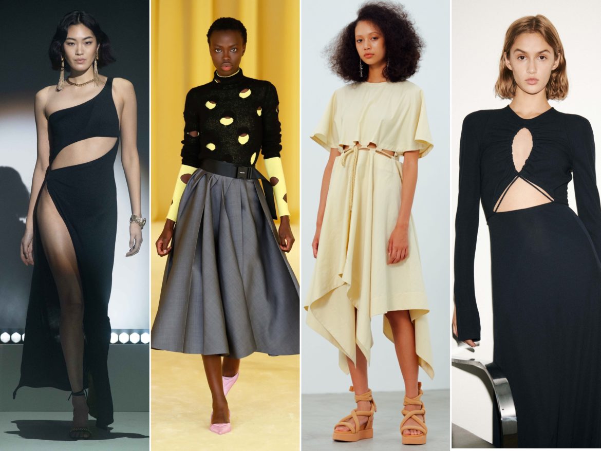 Spring Summer 2021 trends runway coverage Ready To Wear Vogue elevated dresses to wear at home: Cut out dress. Brandon Maxwell, Prada, Issey Miyake, Victoria Beckham
