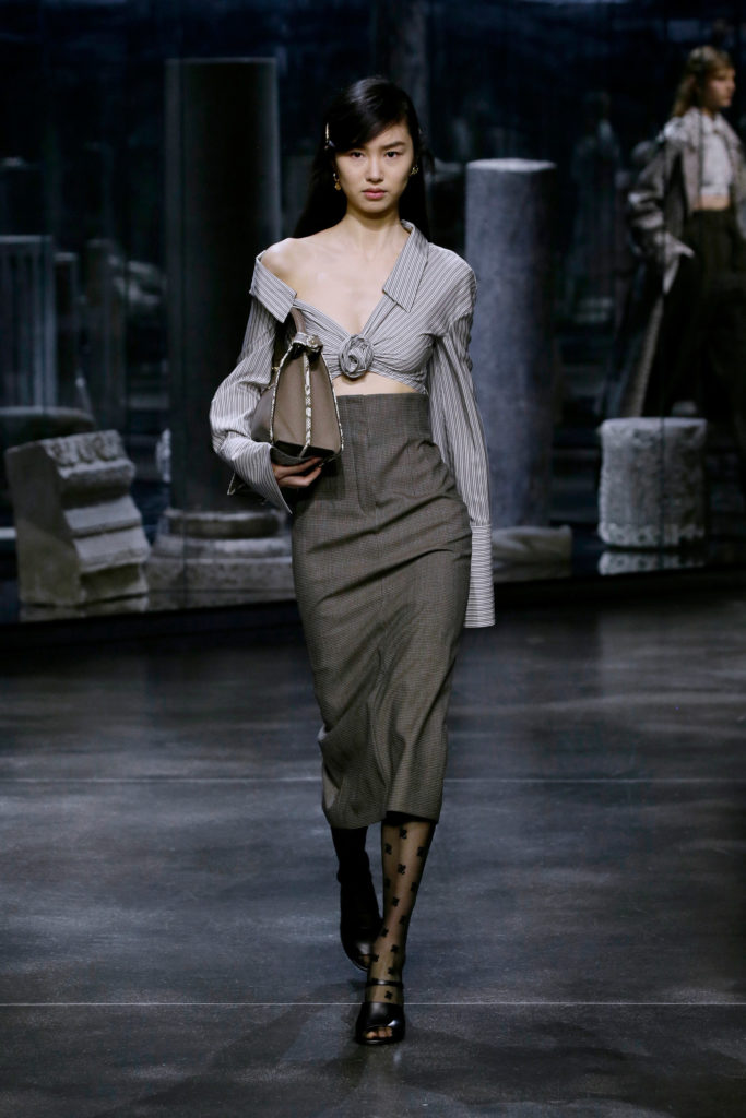 Fendi best Fall Winter 2021 trends fashion week report long high waisted skirt and cropped top