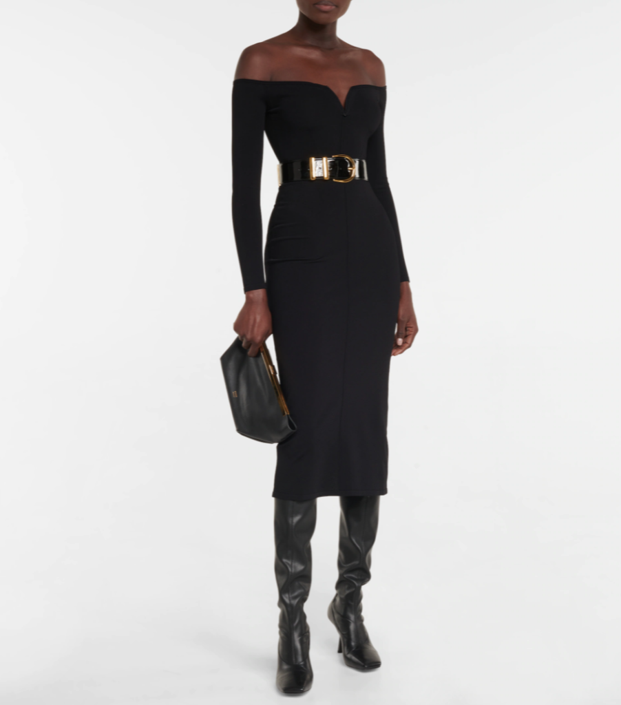 KHAITE Valeska off-shoulder midi dress best black dress for New Year's Eve 2021 #lbd #littleblackdress #newyearseve2021 #newyearseveoutfit #blackdress #womensdress