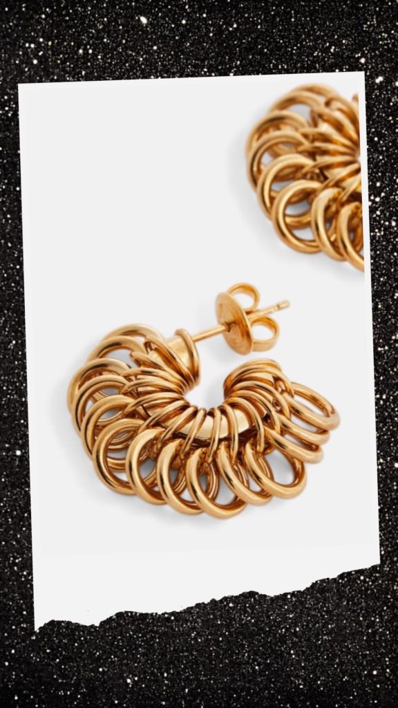 Favorite party jewelry to wear all year long: for a date night, cocktail party, office, casual. Best festive jewelry on Mytheresa.com. 14k gold plated hoop earrings Bottega Veneta #glamstyle #glamourous #luxury #jewelry #holidaystyle #datenightoutfit #valentinesday #luxuryshopping #shopping