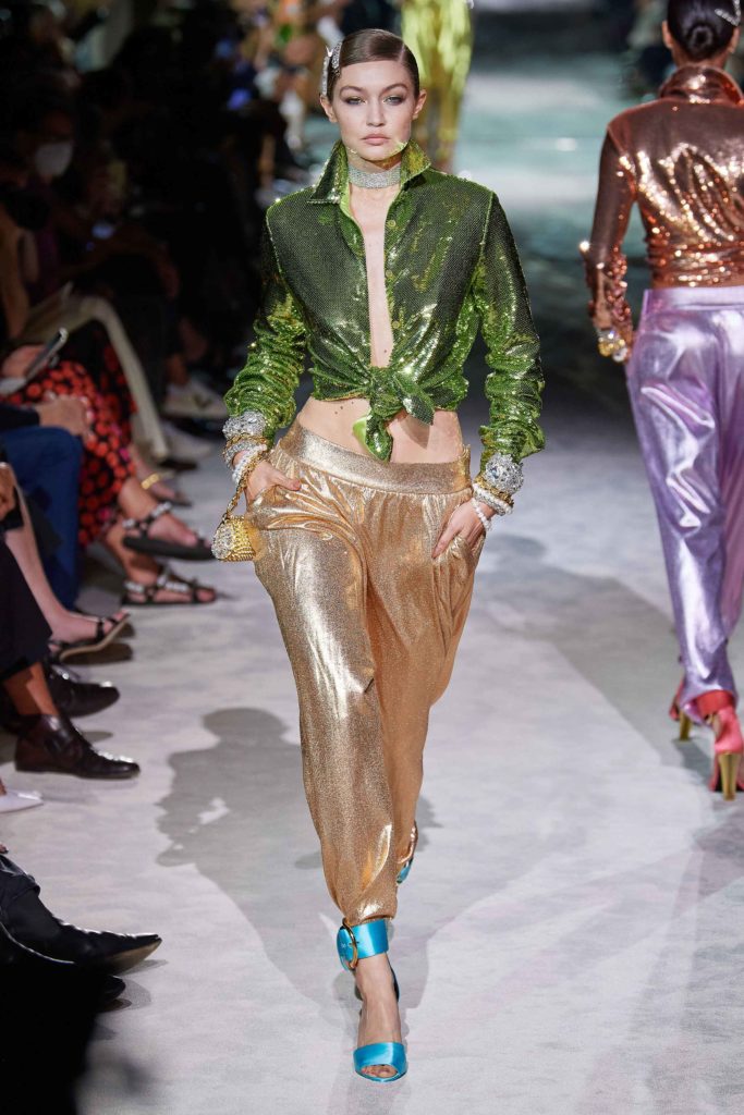 Best Spring Summer 2022 fashion trends from the runway glitterati glitter lamé iridescent Tom Ford Gigi Hadid Vogue Credit FILIPPO FIOR GORUNWAY