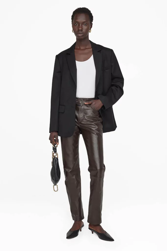 anine bing brown leather pants connor pant brown leather jacket heavy fall winter 2022