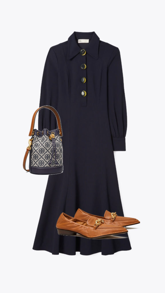 Timeless pieces to get at the Tory Burch sale - Museum Goer look loafer dress and monogram bucket bag y2k fashion 2000s fashion