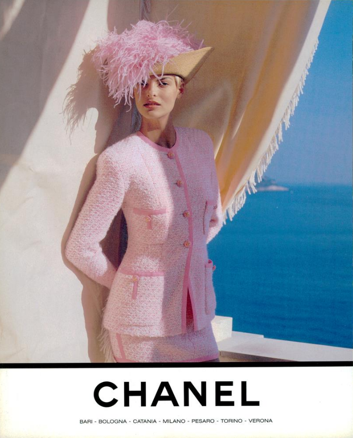 Linda Evangelista for Chanel by Karl Lagerfeld, 1990s super model pink tweed