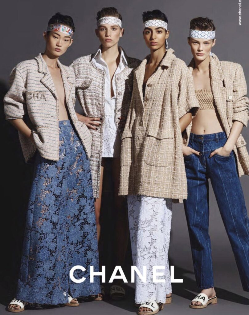 Chanel Spring 2019 Campaign Karl Lagerfeld's Last Campaign ajoure pants tweed jackets bra top 4 models