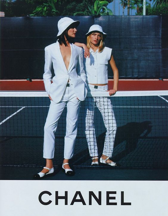 Shalom Harlow & Amber Valletta Chanel Spring 1996 by Karl Lagerfeld for CHANEL in Monaco on a tennis court