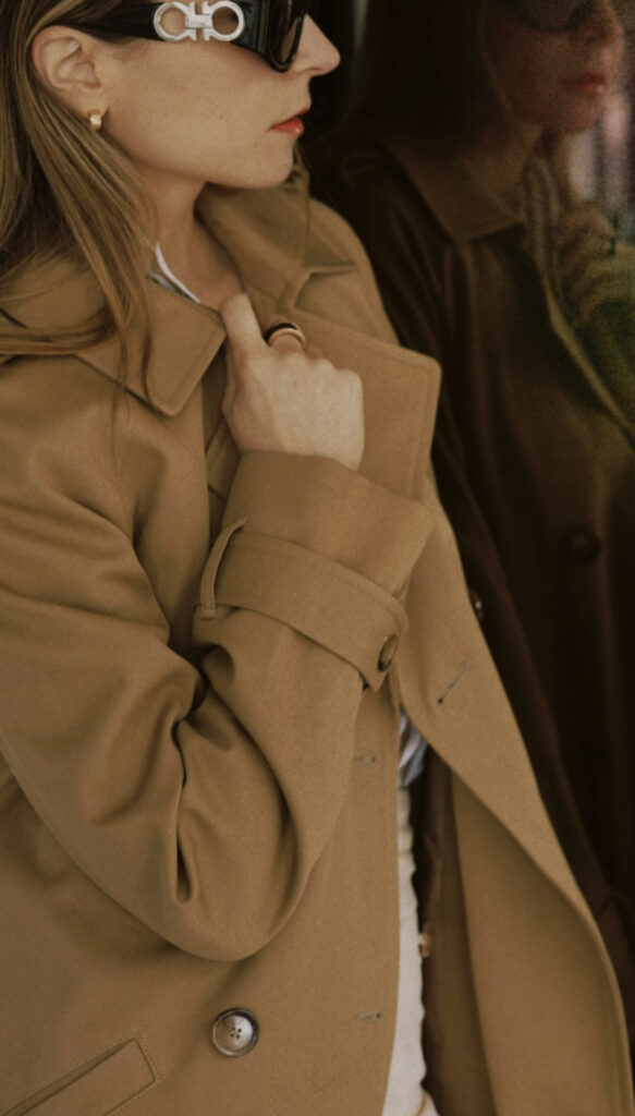 A transitional piece: Sezane trench coat to master old-money style. Worn by julia comil