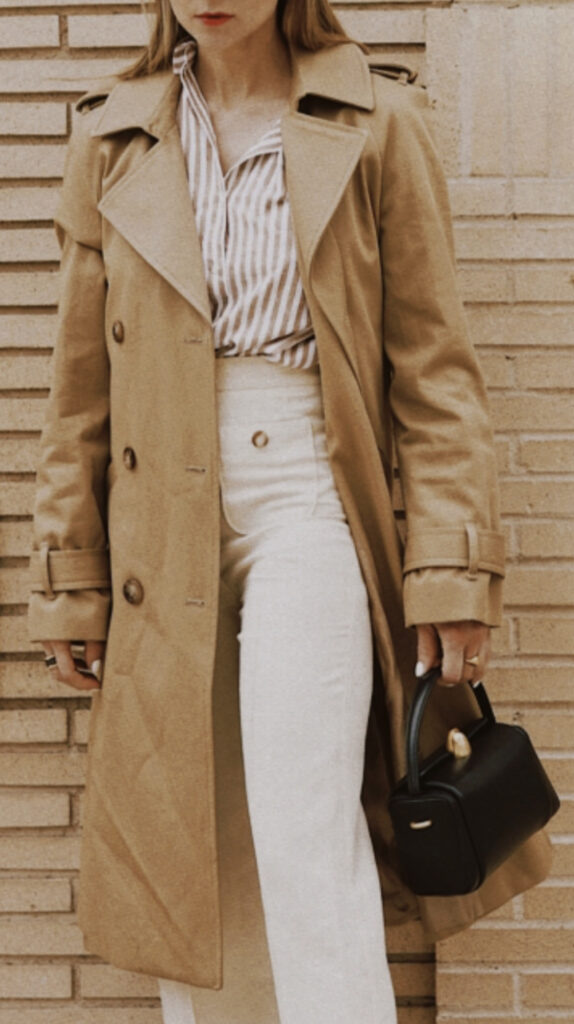 A transitional piece: Sezane trench coat for a quiet luxury style. Worn by julia comil