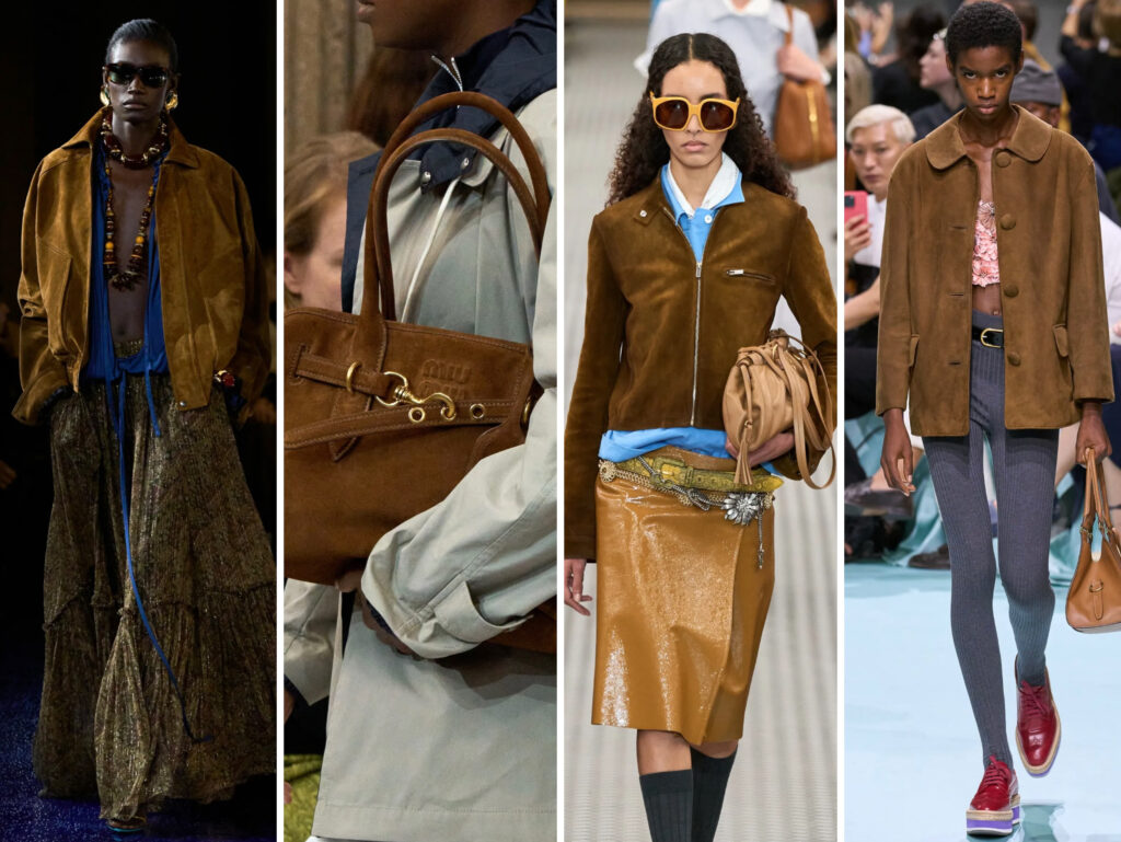 Best-of-Spring-Summer-2025-fashion-trends-as-per-the-runway-Brown-Suede-Saint-Laurent-MiuMiu-Prada