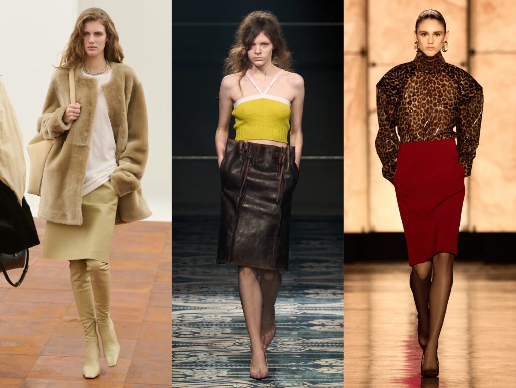 Best of fall 2025 fashion trends as per the runway dame skirt the new midi skirt julia comil Toteme, Prada, Saint Laurent