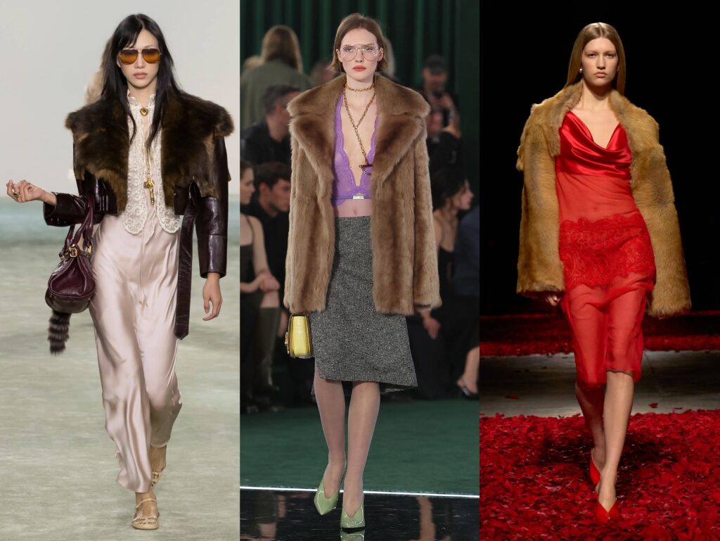 Best of fall 2025 fashion trends as per the runway faux fur and lace 40s silhouette chloe gucci ferragamo