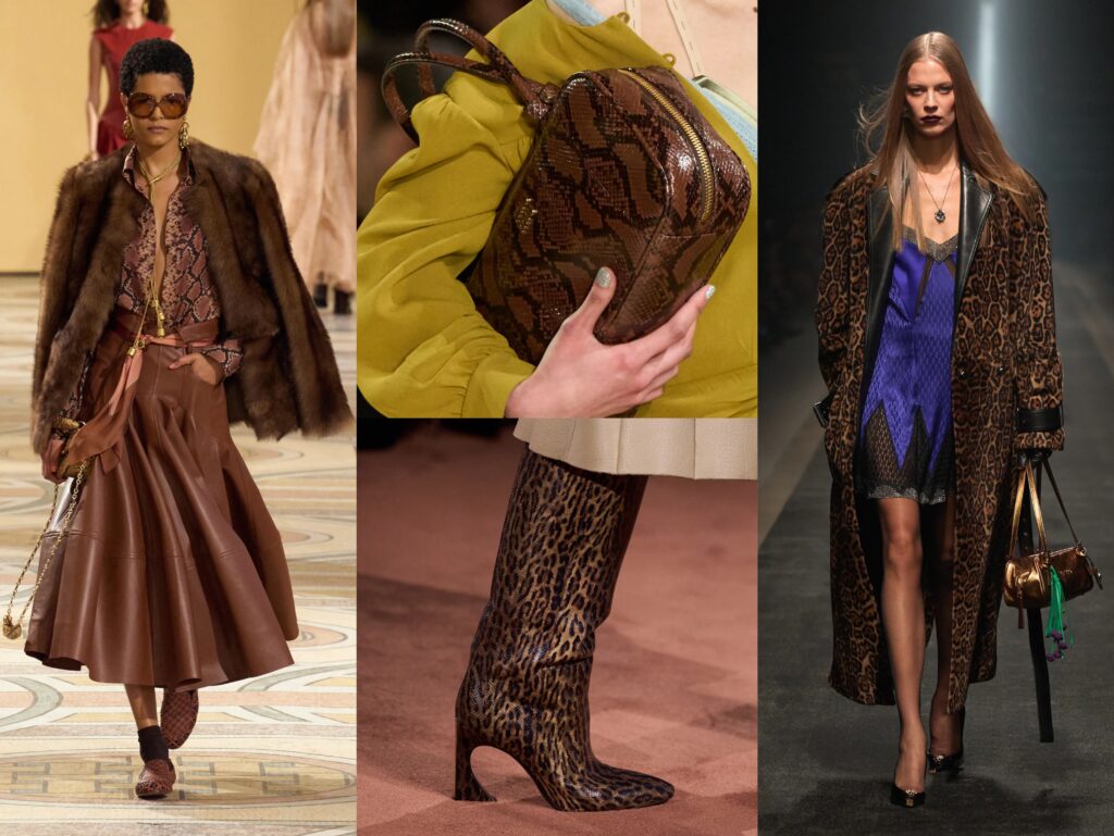 Fall 2025 trends brown animal prints snake leopard zimmermann miumiu fendi versace julia comil