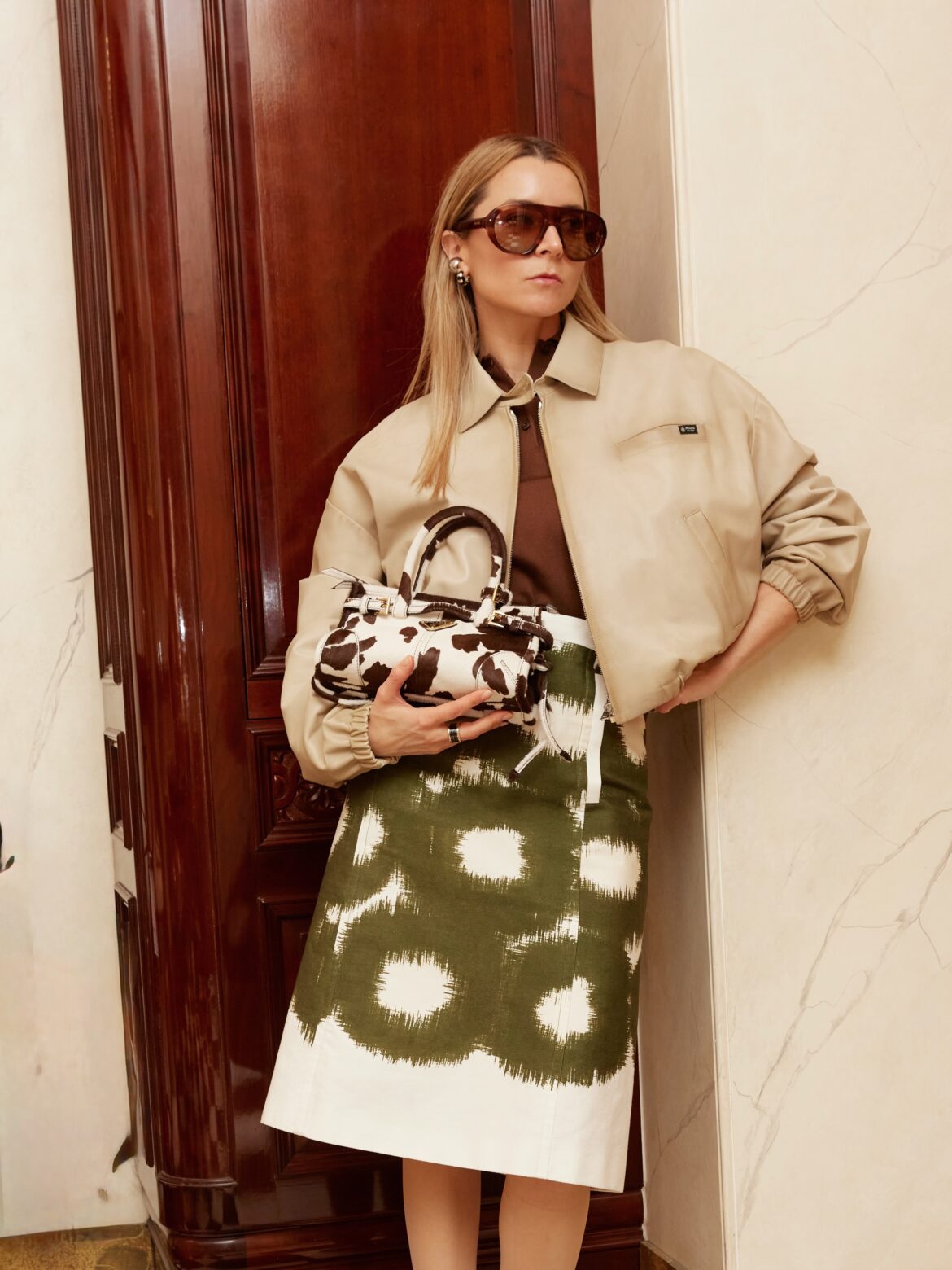 prada julia comil spring 2026 cow print pony hair leather jacket